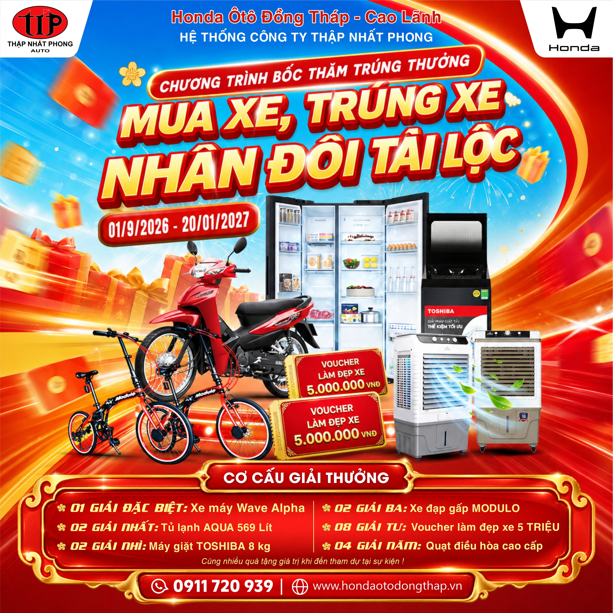 Mua xe trúng xe tại Honda Ô tô Đồng Tháp – Cao Lãnh, cơ hội nhận Honda Wave Alpha và nhiều quà tặng giá trị đến 20/01/2027.
