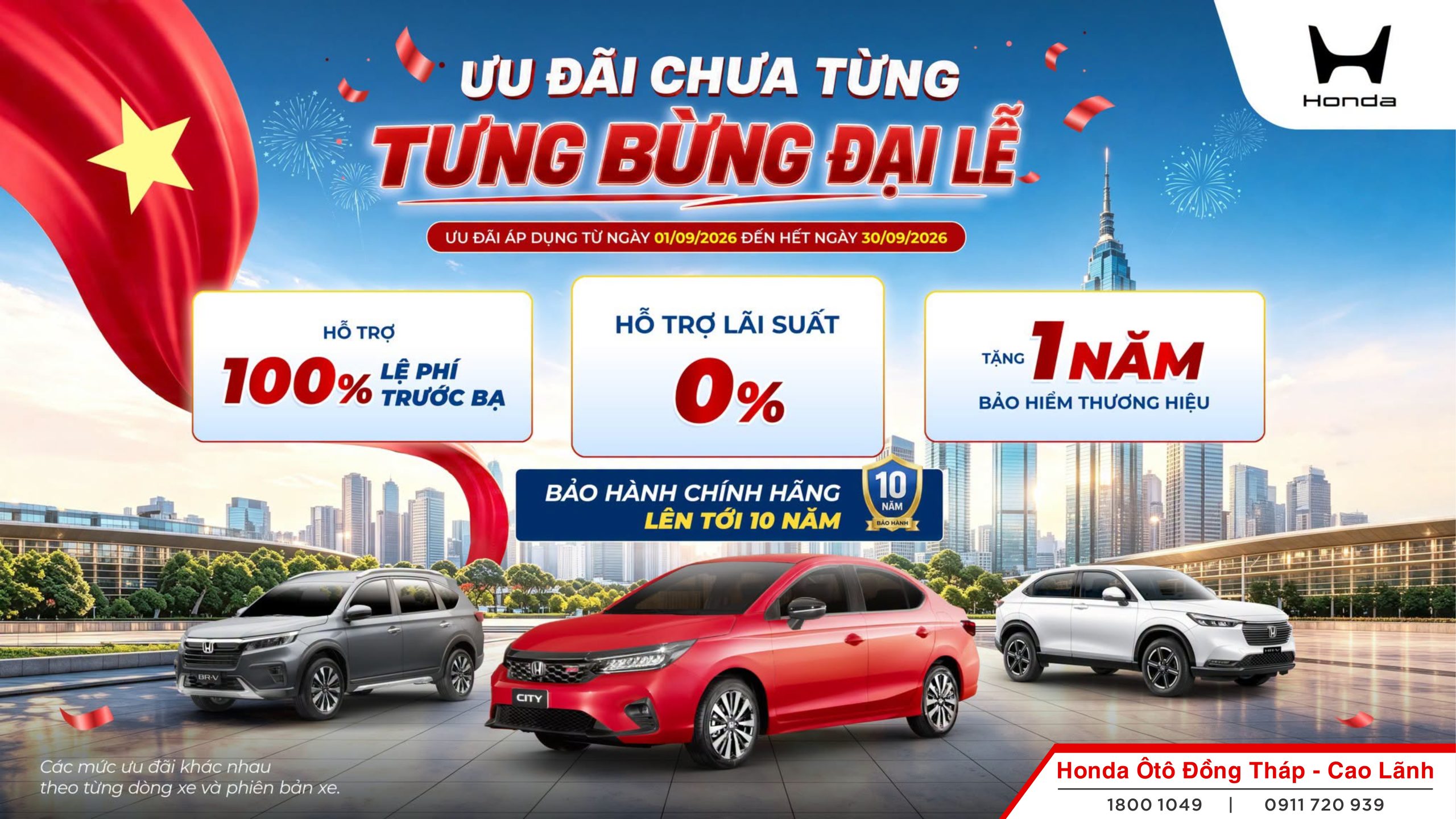 Ưu đãi Honda tháng 9 hấp dẫn: tặng 100% lệ phí trước bạ, bảo hiểm Honda và lãi suất 0% cho City, BR-V, HR-V.